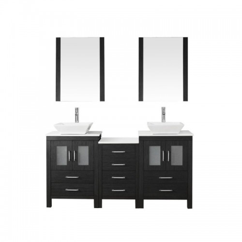 Dior 66" Double Bathroom Vanity in Zebra Grey with White Engineered Stone Top and Square Sink with Polished Chrome Faucet and Mirrors