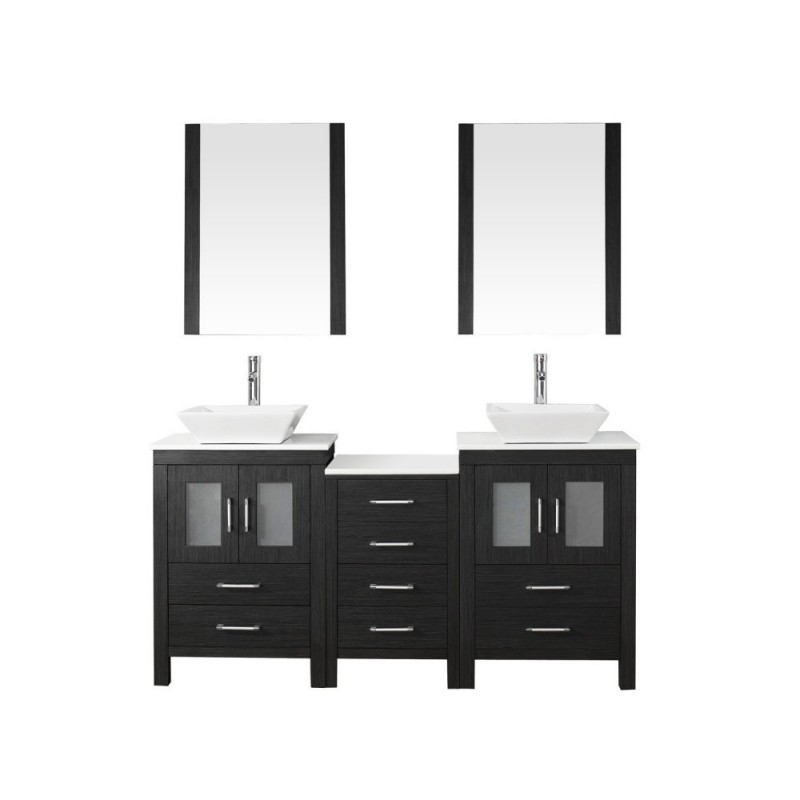 Dior 66" Double Bathroom Vanity in Zebra Grey with White Engineered Stone Top and Square Sink with Polished Chrome Faucet and Mirrors