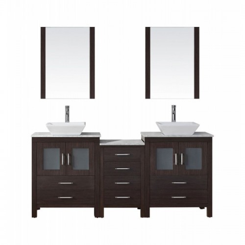 Dior 66" Double Bathroom Vanity in Espresso with Marble Top and Square Sink with Brushed Nickel Faucet and Mirrors