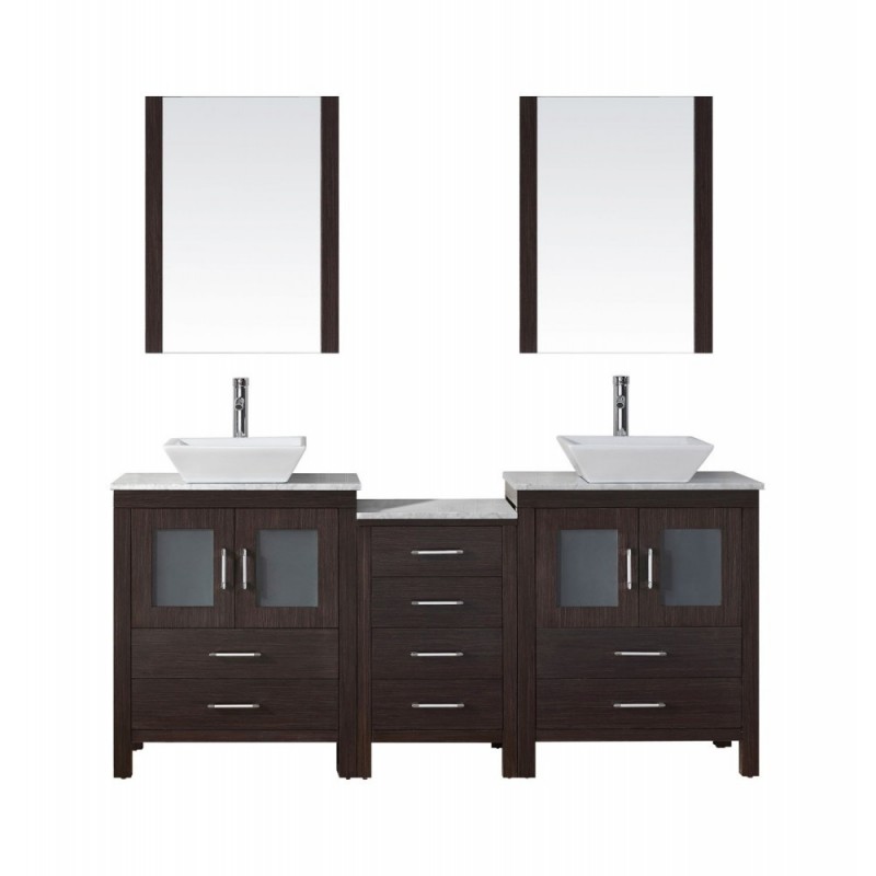 Dior 66" Double Bathroom Vanity in Espresso with Marble Top and Square Sink with Brushed Nickel Faucet and Mirrors