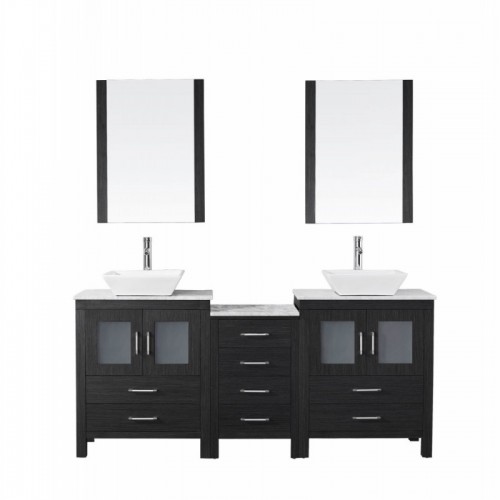 Dior 66" Double Bathroom Vanity in Zebra Grey with Marble Top and Square Sink with Polished Chrome Faucet and Mirrors