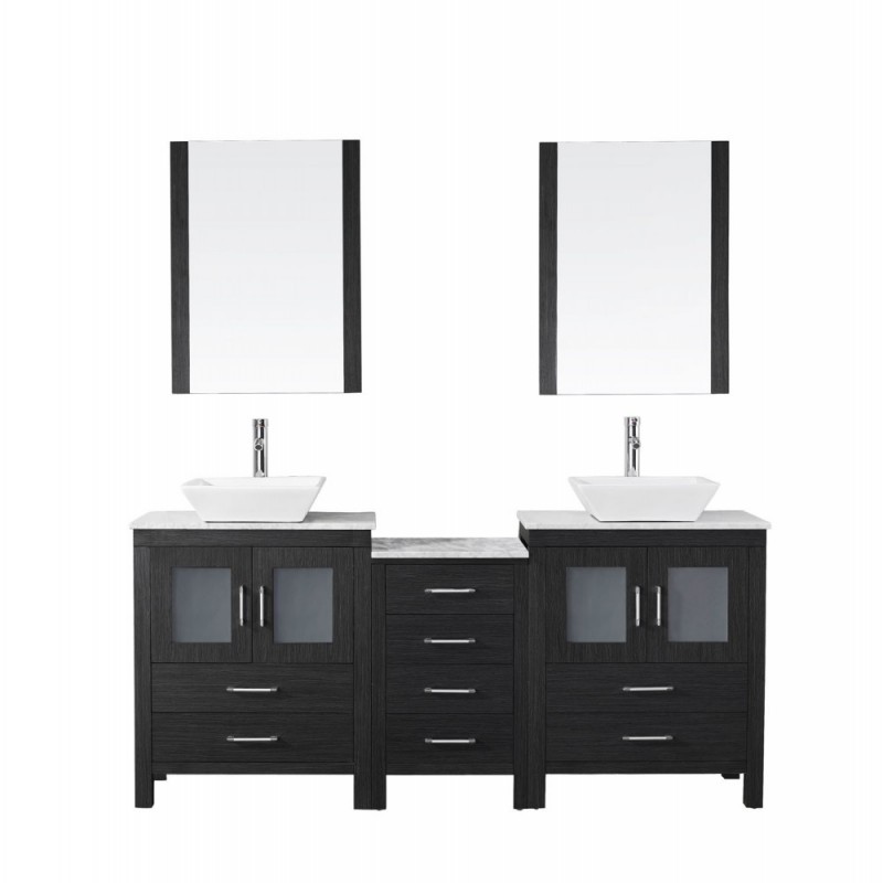 Dior 66" Double Bathroom Vanity in Zebra Grey with Marble Top and Square Sink with Polished Chrome Faucet and Mirrors