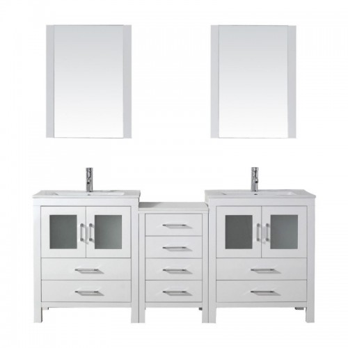 Dior 74" Double Bathroom Vanity in White with Slim White Ceramic Top and Square Sink with Brushed Nickel Faucet and Mirrors