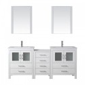 Dior 74" Double Bathroom Vanity in White with Slim White Ceramic Top and Square Sink with Brushed Nickel Faucet and Mirrors