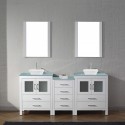 Dior 74" Double Bathroom Vanity in White with Aqua Tempered Glass Top and Square Sink with Brushed Nickel Faucet and Mirrors