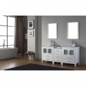 Dior 74" Double Bathroom Vanity in White with Aqua Tempered Glass Top and Square Sink with Brushed Nickel Faucet and Mirrors
