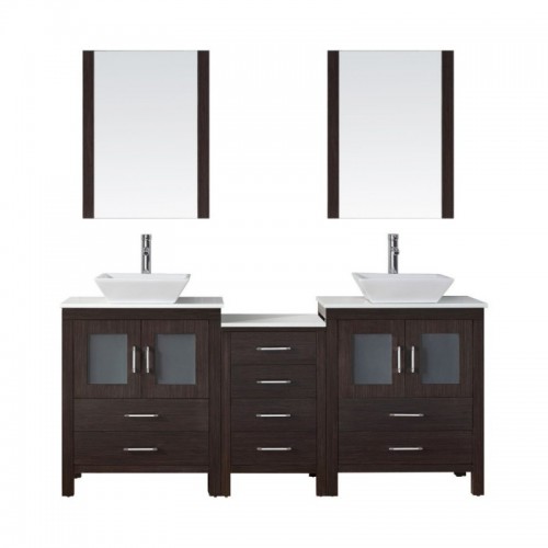 Dior 74" Double Bathroom Vanity in Espresso with White Engineered Stone Top and Square Sink with Brushed Nickel Faucet and Mirrors