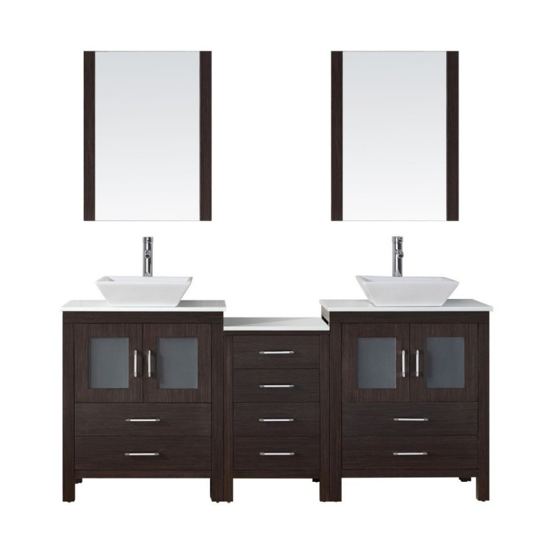Dior 74" Double Bathroom Vanity in Espresso with White Engineered Stone Top and Square Sink with Brushed Nickel Faucet and Mirrors