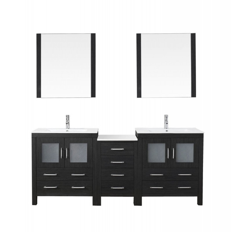 Dior 78" Double Bathroom Vanity in Zebra Grey with Slim White Ceramic Top and Square Sink with Brushed Nickel Faucet and Mirrors