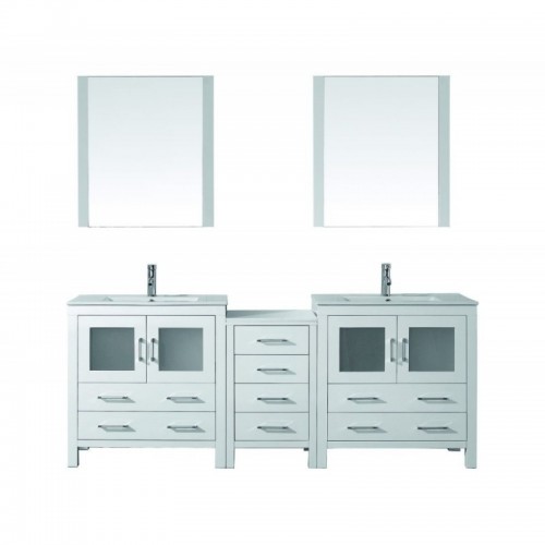 Dior 82" Double Bathroom Vanity in White with Slim White Ceramic Top and Square Sink with Polished Chrome Faucet and Mirrors