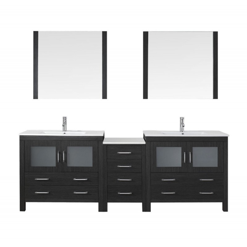 Dior 90" Double Bathroom Vanity in Zebra Grey with Slim White Ceramic Top and Square Sink with Polished Chrome Faucet and Mirrors