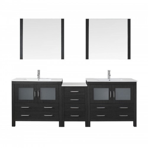 Dior 90" Double Bathroom Vanity in Zebra Grey with Slim White Ceramic Top and Square Sink with Brushed Nickel Faucet and Mirrors