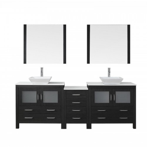 Dior 90" Double Bathroom Vanity in Zebra Grey with White Engineered Stone Top and Square Sink with Brushed Nickel Faucet and Mirrors