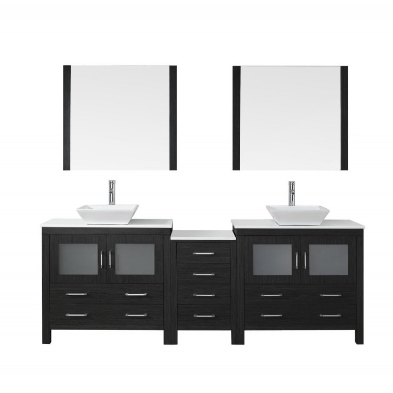 Dior 90" Double Bathroom Vanity in Zebra Grey with White Engineered Stone Top and Square Sink with Brushed Nickel Faucet and Mirrors