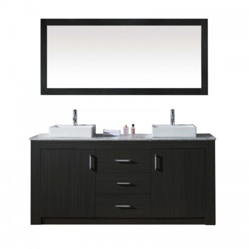Tavian 72" Double Bathroom Vanity in Zebra Grey with Marble Top and Square Sink with Polished Chrome Faucet and Mirror