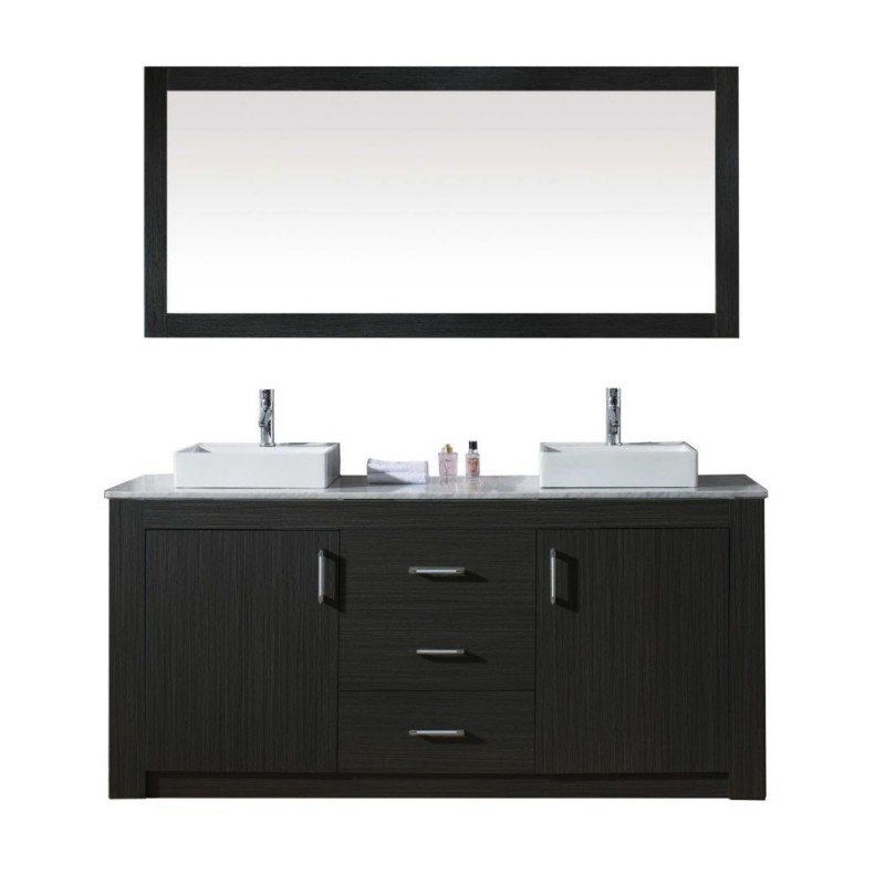 Tavian 72" Double Bathroom Vanity in Zebra Grey with Marble Top and Square Sink with Polished Chrome Faucet and Mirror