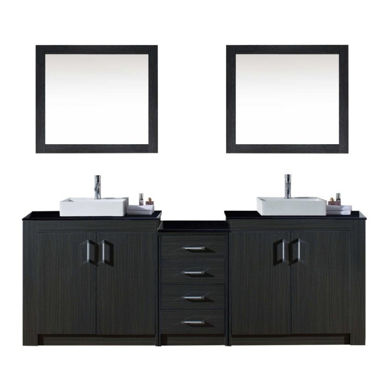 Tavian 90" Double Bathroom Vanity in Zebra Grey with Black Galaxy Granite Top and Square Sink with Polished Chrome Faucet and Mirrors