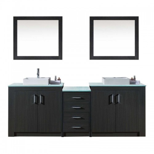 Tavian 90" Double Bathroom Vanity in Zebra Grey with Clear Tempered Glass Top and Square Sink with Polished Chrome Faucet and Mirrors