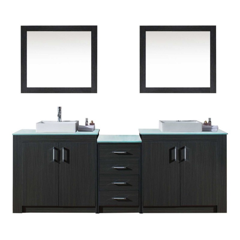 Tavian 90" Double Bathroom Vanity in Zebra Grey with Clear Tempered Glass Top and Square Sink with Polished Chrome Faucet and Mirrors
