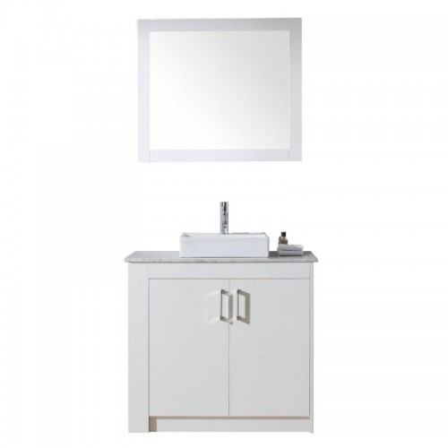Tavian 36" Single Bathroom Vanity in Gloss White with Marble Top and Square Sink with Polished Chrome Faucet and Mirror