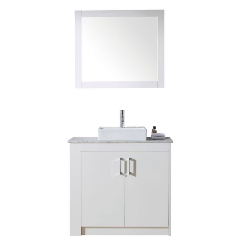 Tavian 36" Single Bathroom Vanity in Gloss White with Marble Top and Square Sink with Polished Chrome Faucet and Mirror