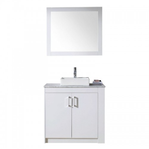 Tavian 36" Single Bathroom Vanity in Gloss White with Marble Top and Square Sink with Polished Chrome Faucet and Mirror