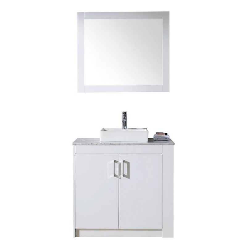 Tavian 36" Single Bathroom Vanity in Gloss White with Marble Top and Square Sink with Polished Chrome Faucet and Mirror