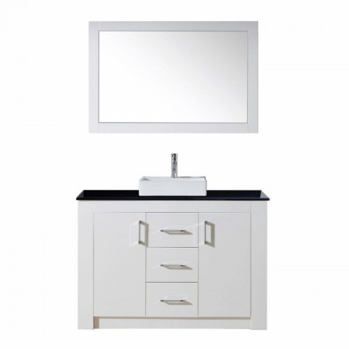 Tavian 48" Single Bathroom Vanity in Gloss White with Black Galaxy Granite Top and Square Sink with Polished Chrome Faucet and Mirror