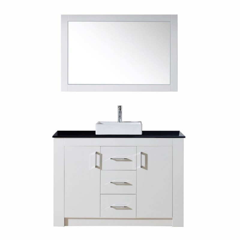 Tavian 48" Single Bathroom Vanity in Gloss White with Black Galaxy Granite Top and Square Sink with Polished Chrome Faucet and Mirror