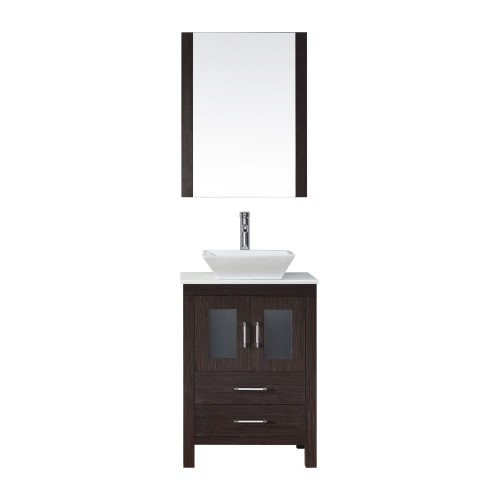 Dior 24" Single Bathroom Vanity in Espresso with White Engineered Stone Top and Square Sink with Brushed Nickel Faucet and Mirror