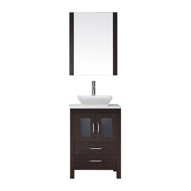 Dior 24" Single Bathroom Vanity in Espresso with White Engineered Stone Top and Square Sink with Brushed Nickel Faucet and Mirror