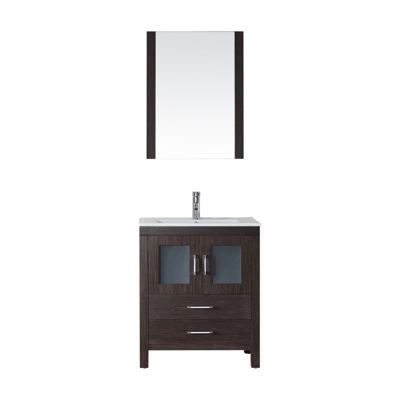 Dior 28" Single Bathroom Vanity in Espresso with Slim White Ceramic Top and Square Sink with Brushed Nickel Faucet and Mirror