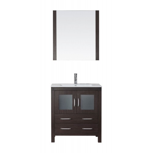 Dior 30" Single Bathroom Vanity in Espresso with Slim White Ceramic Top and Square Sink with Brushed Nickel Faucet and Mirror
