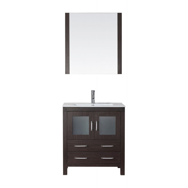 Dior 30" Single Bathroom Vanity in Espresso with Slim White Ceramic Top and Square Sink with Brushed Nickel Faucet and Mirror
