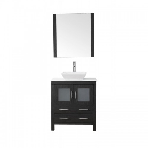 Dior 30" Single Bathroom Vanity in Zebra Grey with White Engineered Stone Top and Square Sink with Polished Chrome Faucet and Mirror