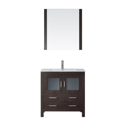 Dior 32" Single Bathroom Vanity in Espresso with Slim White Ceramic Top and Square Sink with Polished Chrome Faucet and Mirror