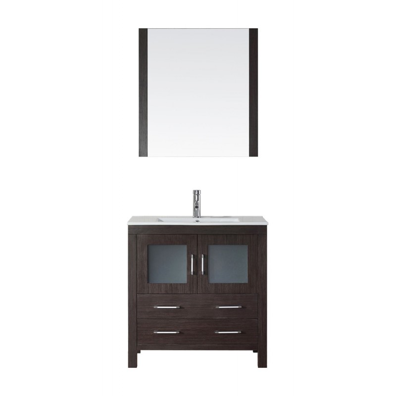 Dior 32" Single Bathroom Vanity in Espresso with Slim White Ceramic Top and Square Sink with Polished Chrome Faucet and Mirror