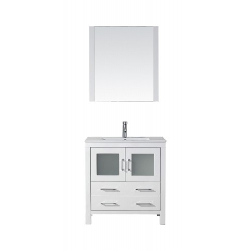 Dior 32" Single Bathroom Vanity in White with Slim White Ceramic Top and Square Sink with Brushed Nickel Faucet and Mirror