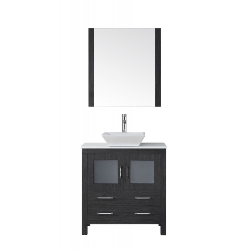 Dior 32" Single Bathroom Vanity in Zebra Grey with White Engineered Stone Top and Square Sink with Polished Chrome Faucet and Mirror