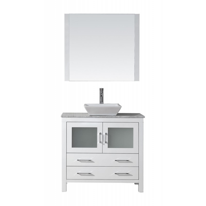 Dior 32" Single Bathroom Vanity in White with Marble Top and Square Sink with Brushed Nickel Faucet and Mirror