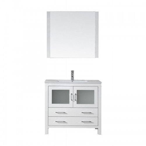 Dior 36" Single Bathroom Vanity in White with Slim White Ceramic Top and Square Sink with Polished Chrome Faucet and Mirror