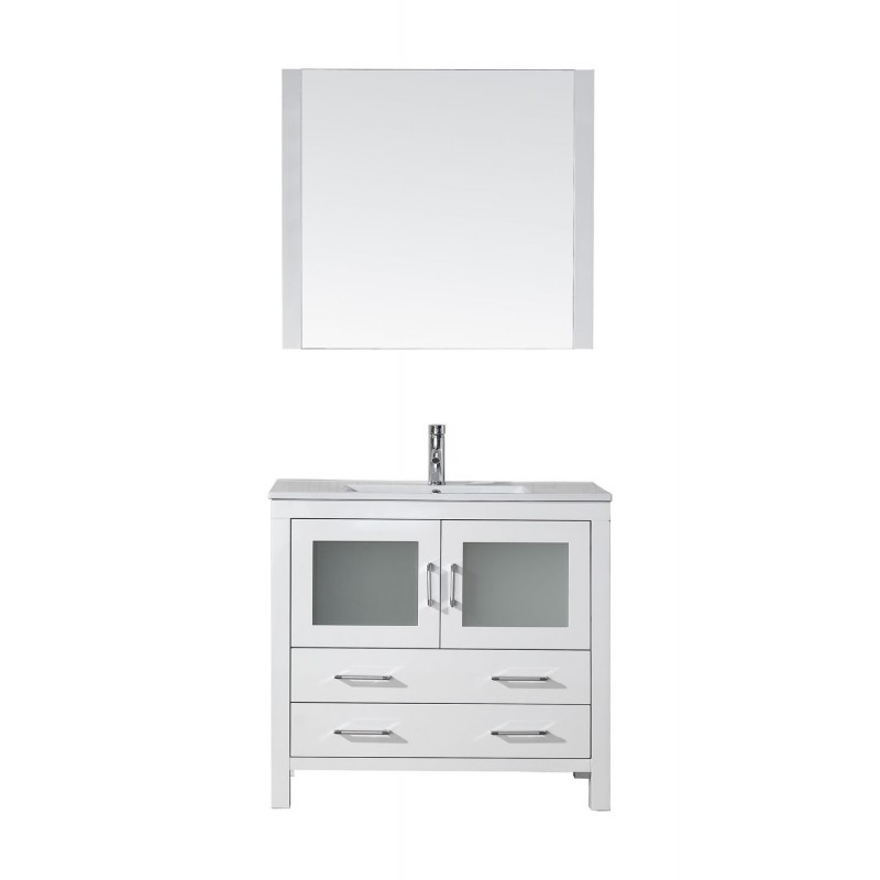 Dior 36" Single Bathroom Vanity in White with Slim White Ceramic Top and Square Sink with Polished Chrome Faucet and Mirror