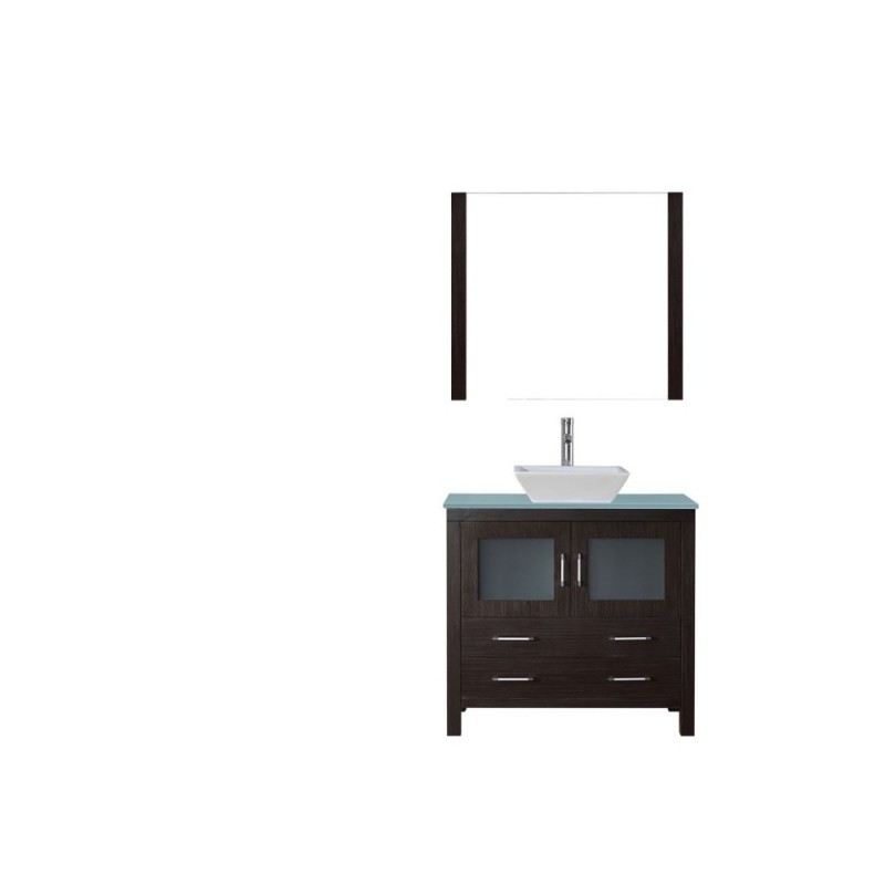 Dior 36" Single Bathroom Vanity in Espresso with Aqua Tempered Glass Top and Square Sink with Brushed Nickel Faucet and Mirror