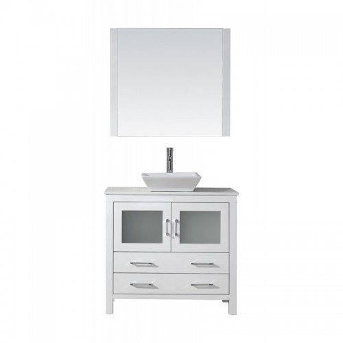Dior 36" Single Bathroom Vanity in White with White Engineered Stone Top and Square Sink with Brushed Nickel Faucet and Mirror