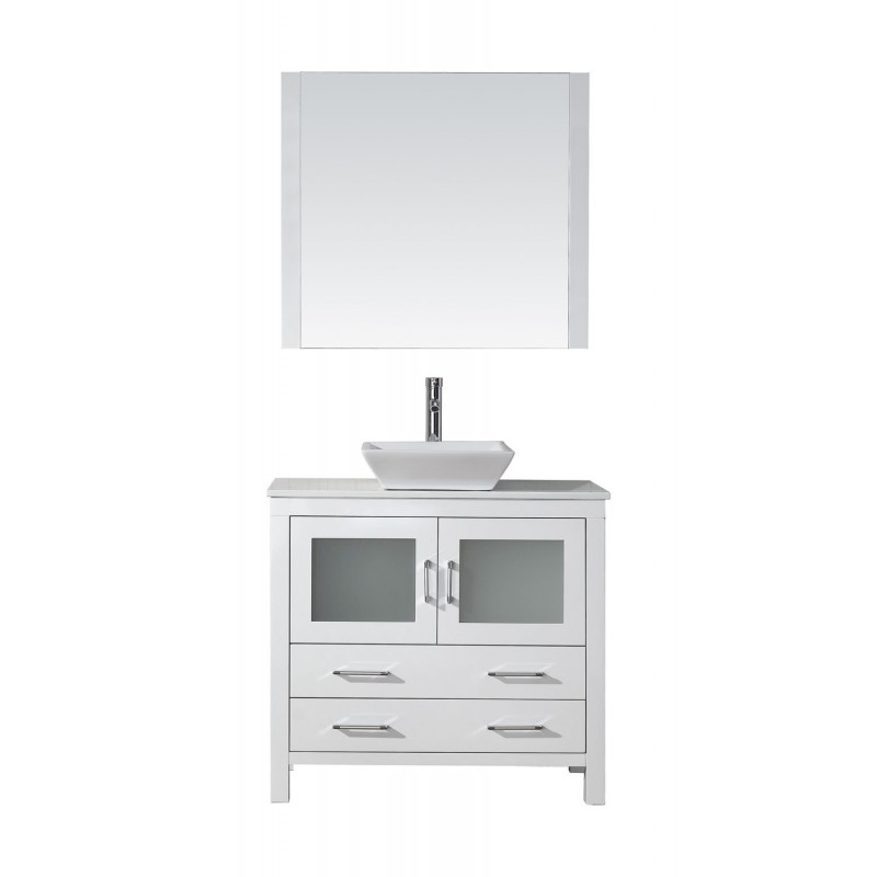 Dior 36" Single Bathroom Vanity in White with White Engineered Stone Top and Square Sink with Brushed Nickel Faucet and Mirror