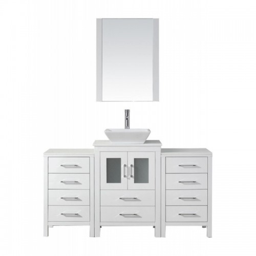 Dior 60" Single Bathroom Vanity in White with White Engineered Stone Top and Square Sink with Brushed Nickel Faucet and Mirror