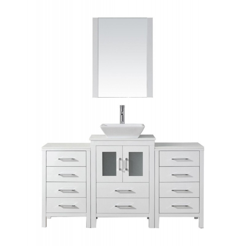 Dior 60" Single Bathroom Vanity in White with White Engineered Stone Top and Square Sink with Brushed Nickel Faucet and Mirror