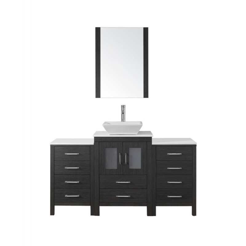 Dior 60" Single Bathroom Vanity in Zebra Grey with White Engineered Stone Top and Square Sink with Polished Chrome Faucet and Mirror