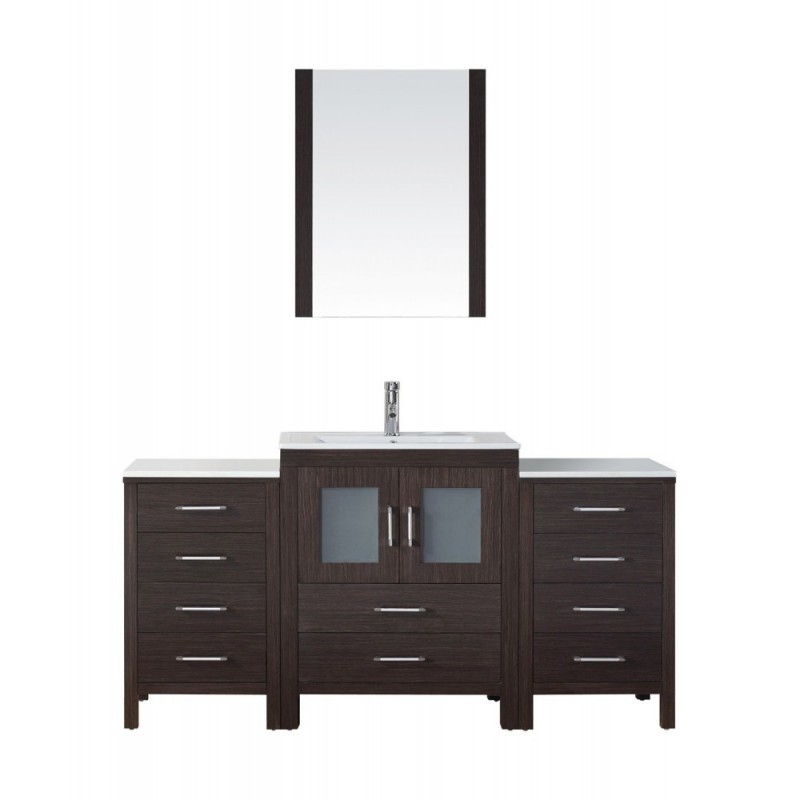 Dior 64" Single Bathroom Vanity in Espresso with Slim White Ceramic Top and Square Sink with Polished Chrome Faucet and Mirror