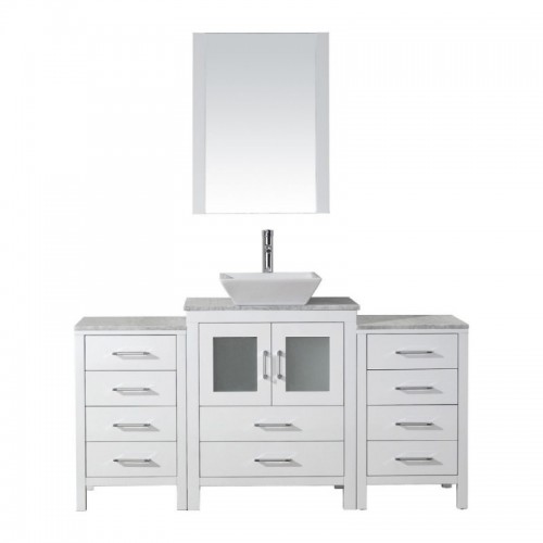 Dior 64" Single Bathroom Vanity in White with Marble Top and Square Sink with Brushed Nickel Faucet and Mirror